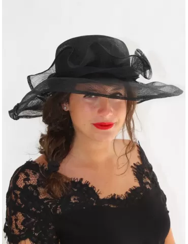 Complit | Cappello grande da cerimonia elegante nero con rose seta