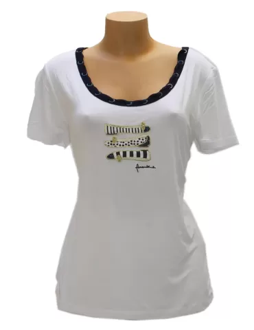 T-shirt bianca ricami blu e...