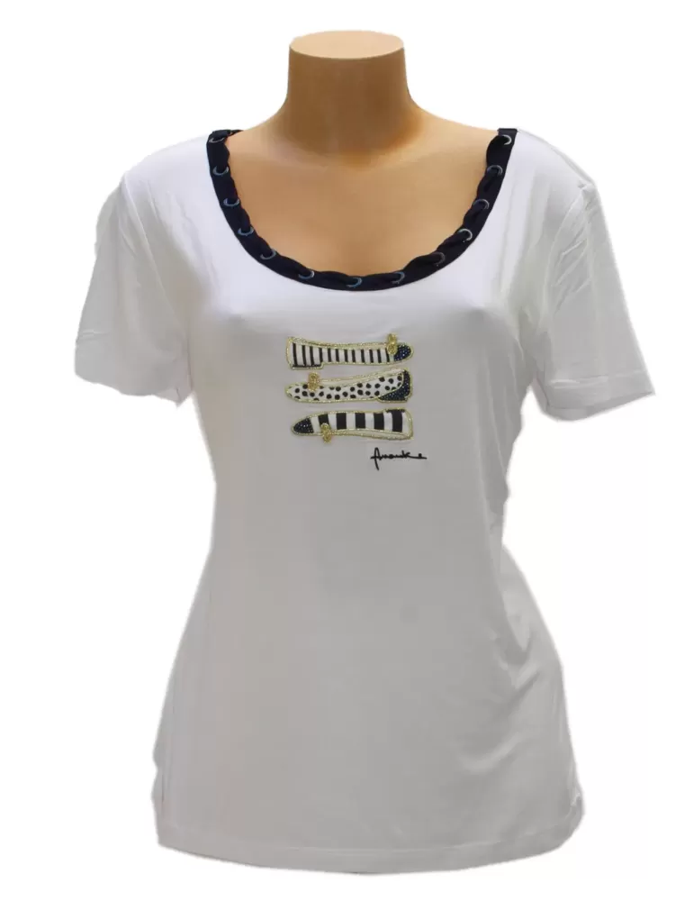 White T-shirt with beige ribbon and rhinestones Fuego Woman White T-shirt with beige ribbon and rhinestones Fuego Woman