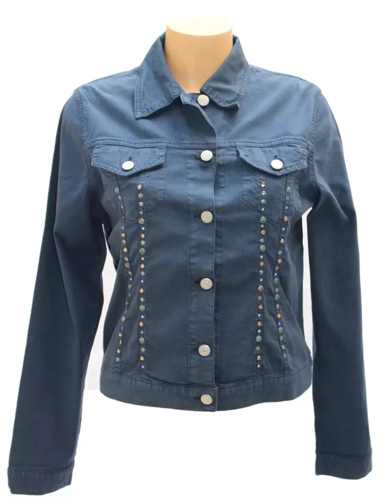 Giacca Giubbotto jeans blu con strass turchesi e borchie Musetti Giacca Giubbotto jeans blu con strass turchesi e borchie Musetti