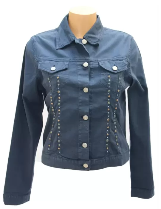 Giacca Giubbotto jeans blu con strass turchesi e borchie Musetti Giacca Giubbotto jeans blu con strass turchesi e borchie Musetti