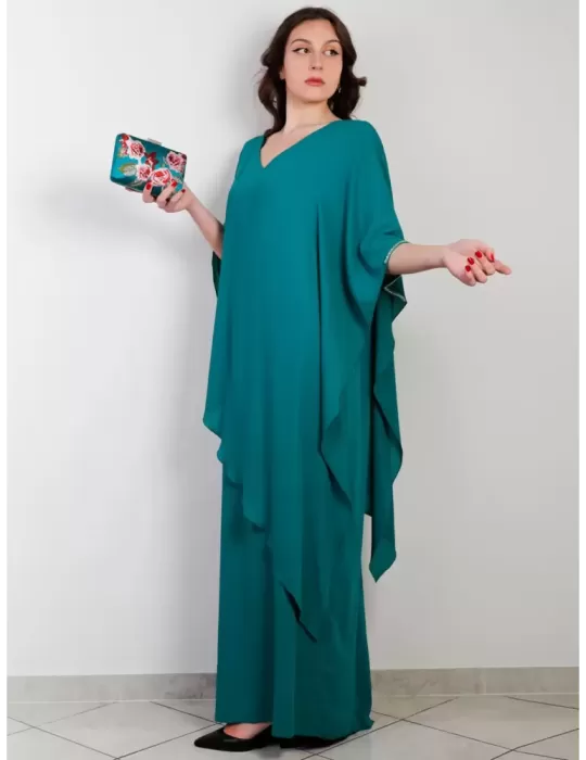 Sonia Pena 1120025 - Abito lungo chiffon fucsia con poncho e paillettes