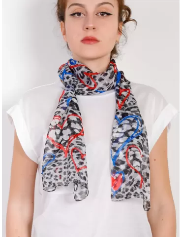 Marina D'Este | Sciarpa chiffon seta pura maculato con cuoricini rossi