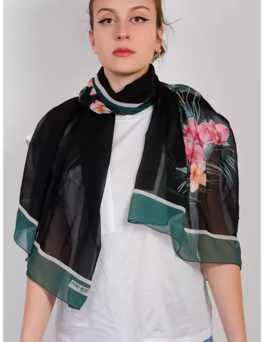 Sciarpa chiffon di pura seta orchidee fucsia e arancio Piero Moretti