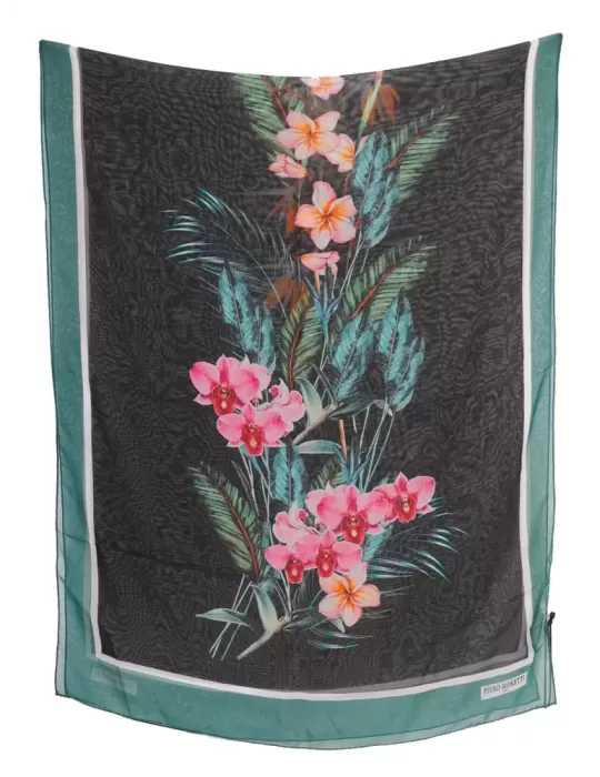 Sciarpa chiffon di pura seta orchidee fucsia e arancio Piero Moretti