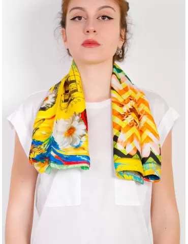 Laura Biagiotti | Foulard giallo raso seta pura fantasia decoupage