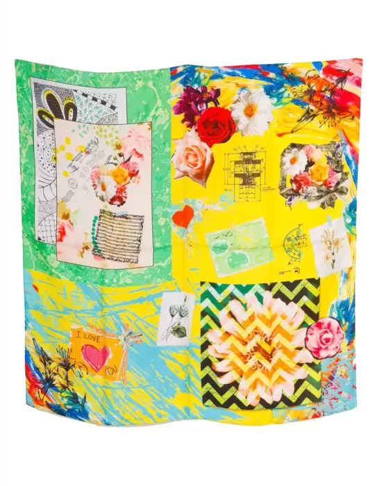 Laura Biagiotti | Foulard giallo raso seta pura fantasia decoupage